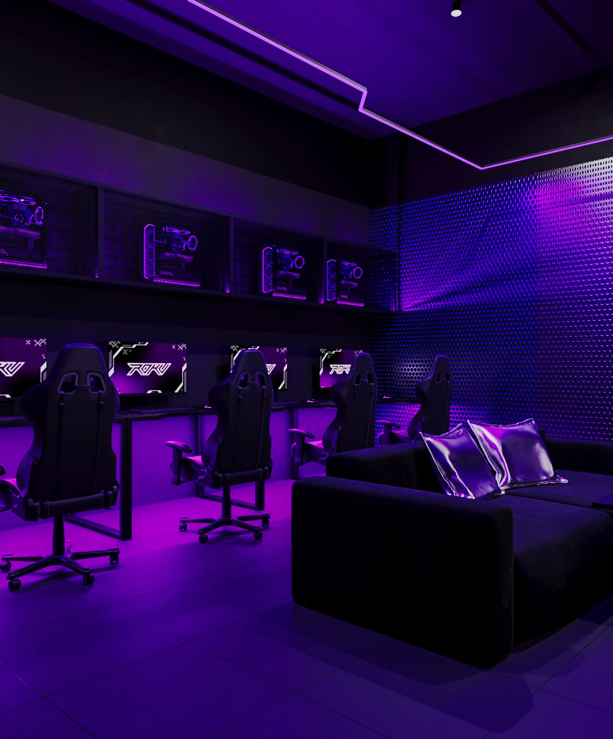 Визуализация игровой комнаты ROKU с фиолетовой подсветкой